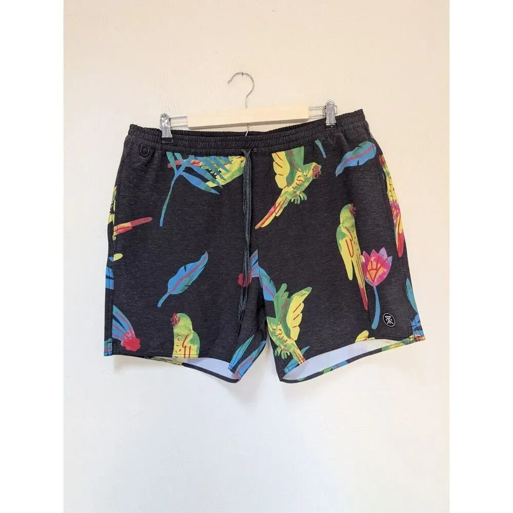 Roark Swim Shorts Mens XL Shorey Macaw Black Parrot Floral Hemp Blend Unlined